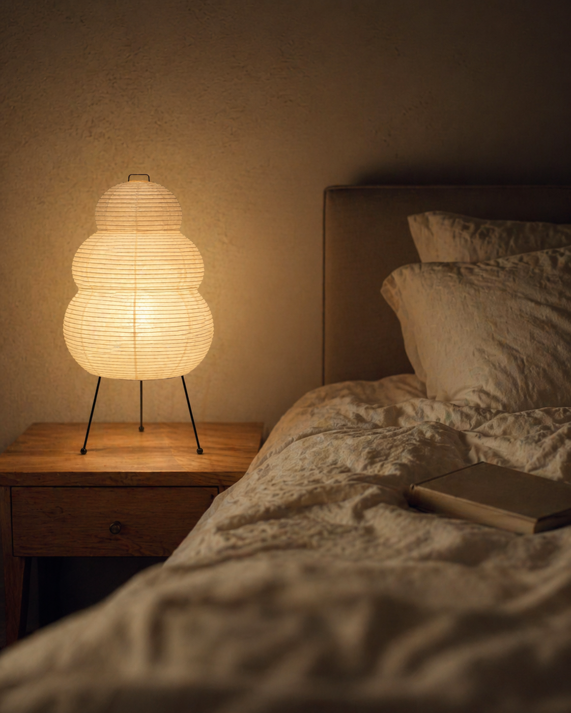 Warm paper bedside lamp beside an unmade linen bed at dusk
