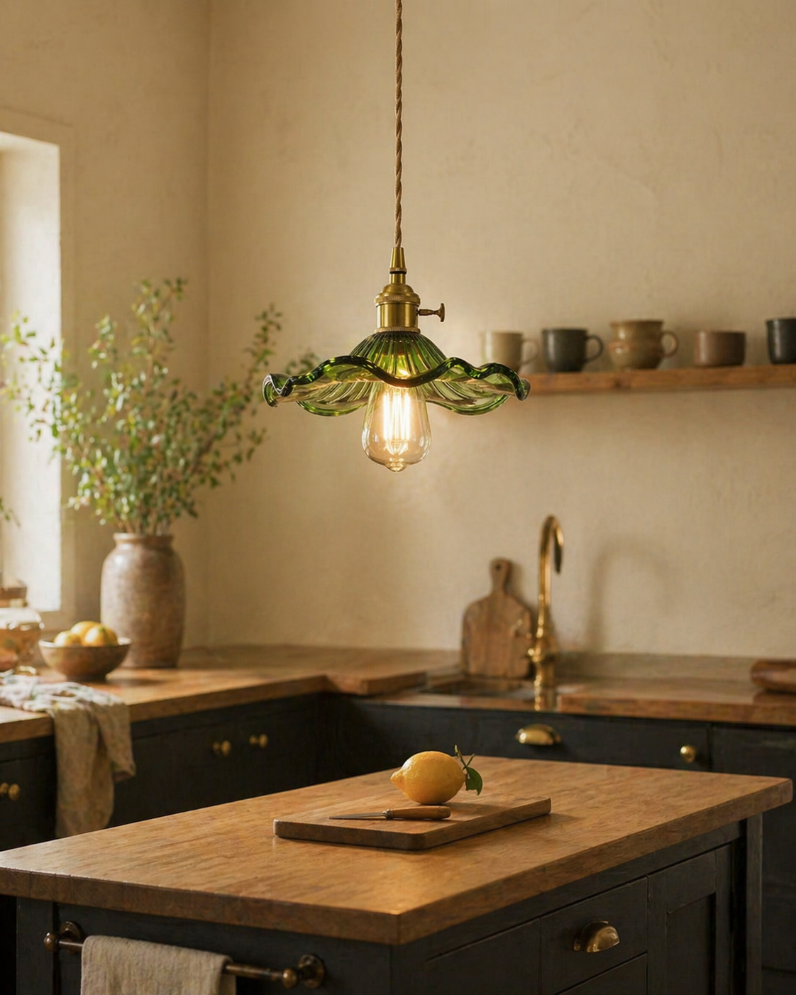 Pale green glass pendant hanging over a warm oak kitchen island