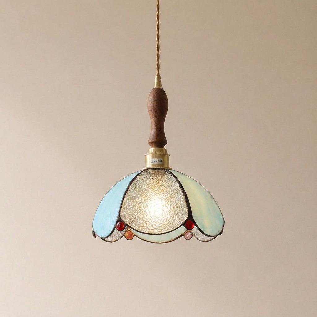 Burgau leaded glass pendant in clear and blue with red jewels and wood spindle