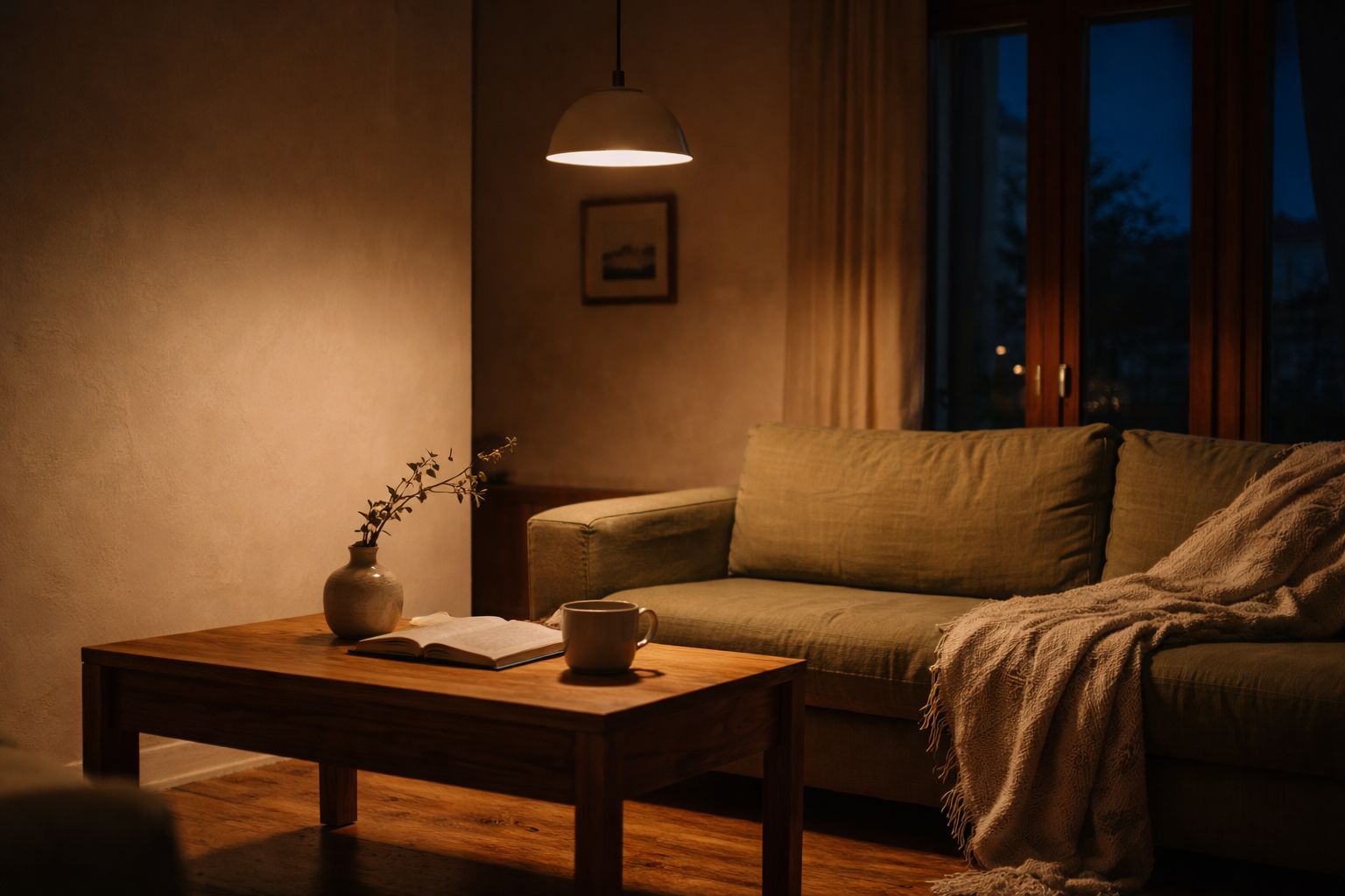 Warm pendant lamp glowing over an olive sofa and wood coffee table in a quiet Lisbon apartment at evening