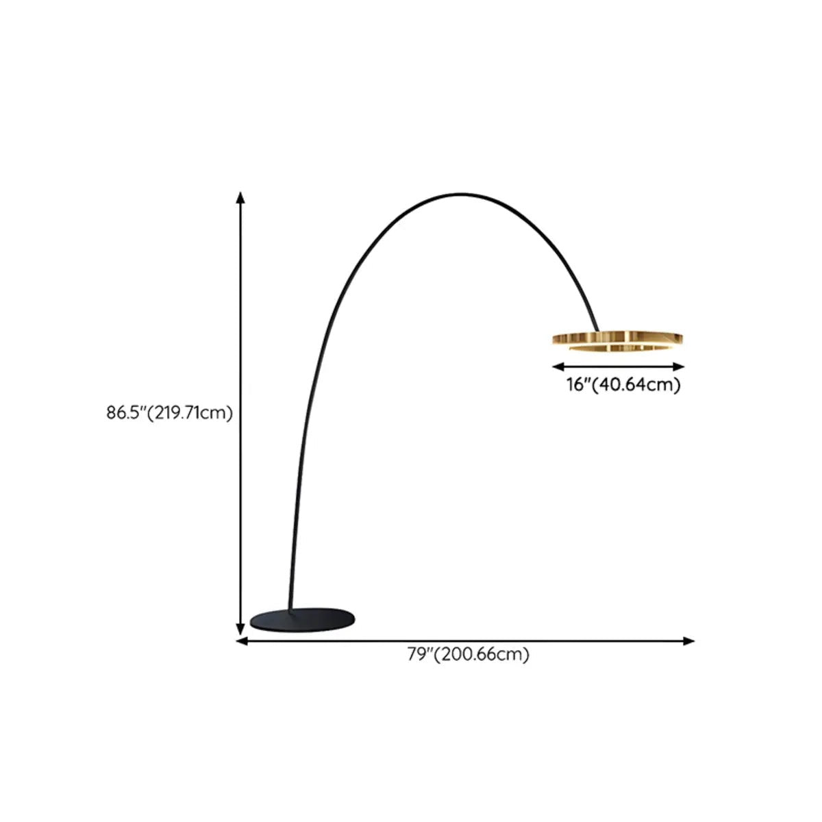 Dimensions diagram showing 86.5 in tall arched frame and 16 in LED ring.