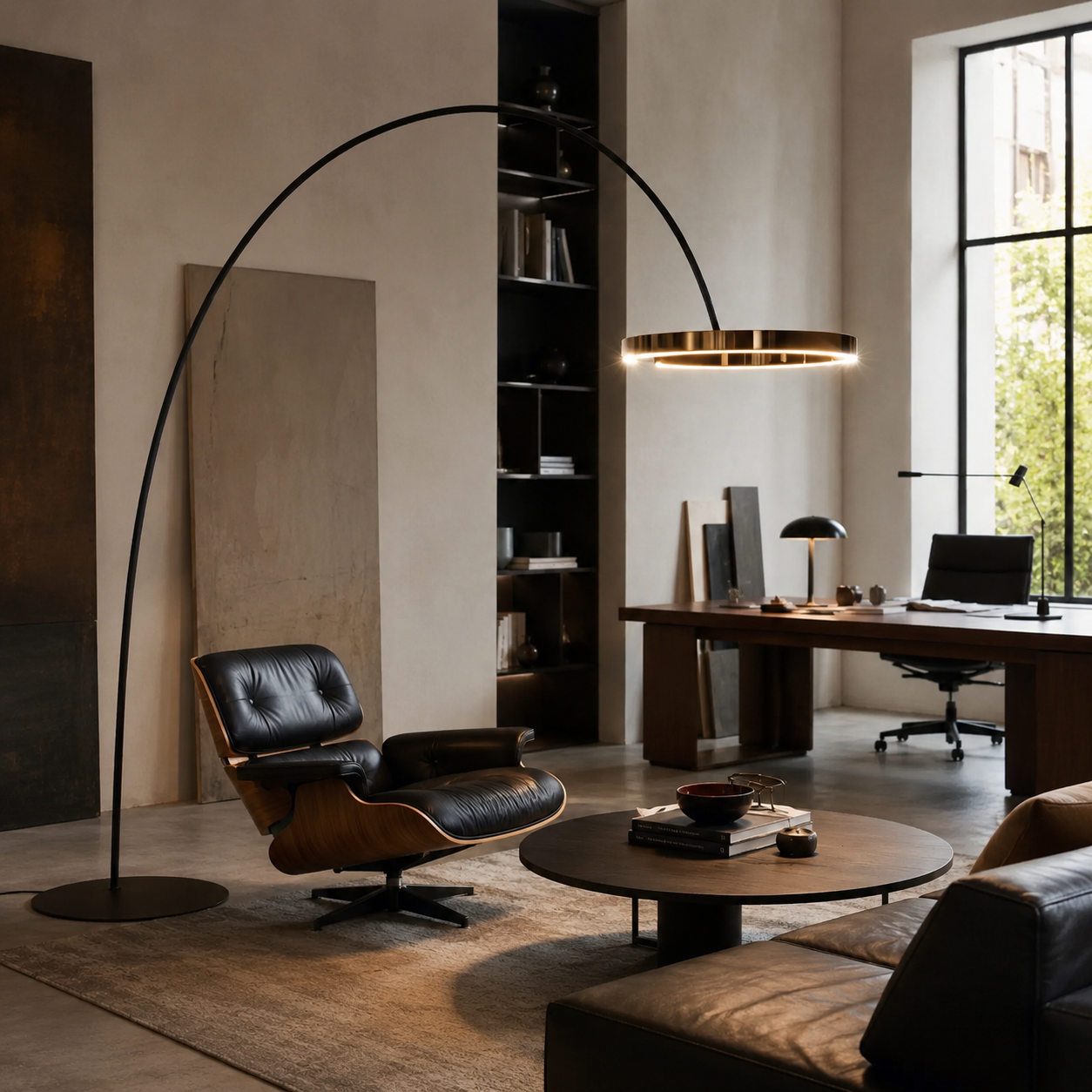 Arched LED floor lamp with brass ring beside a leather lounge chair and bookshelf.