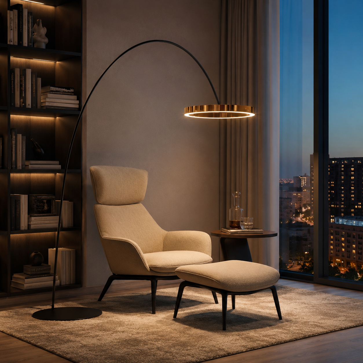 Arched LED floor lamp with brass ring beside a beige armchair and ottoman at night.