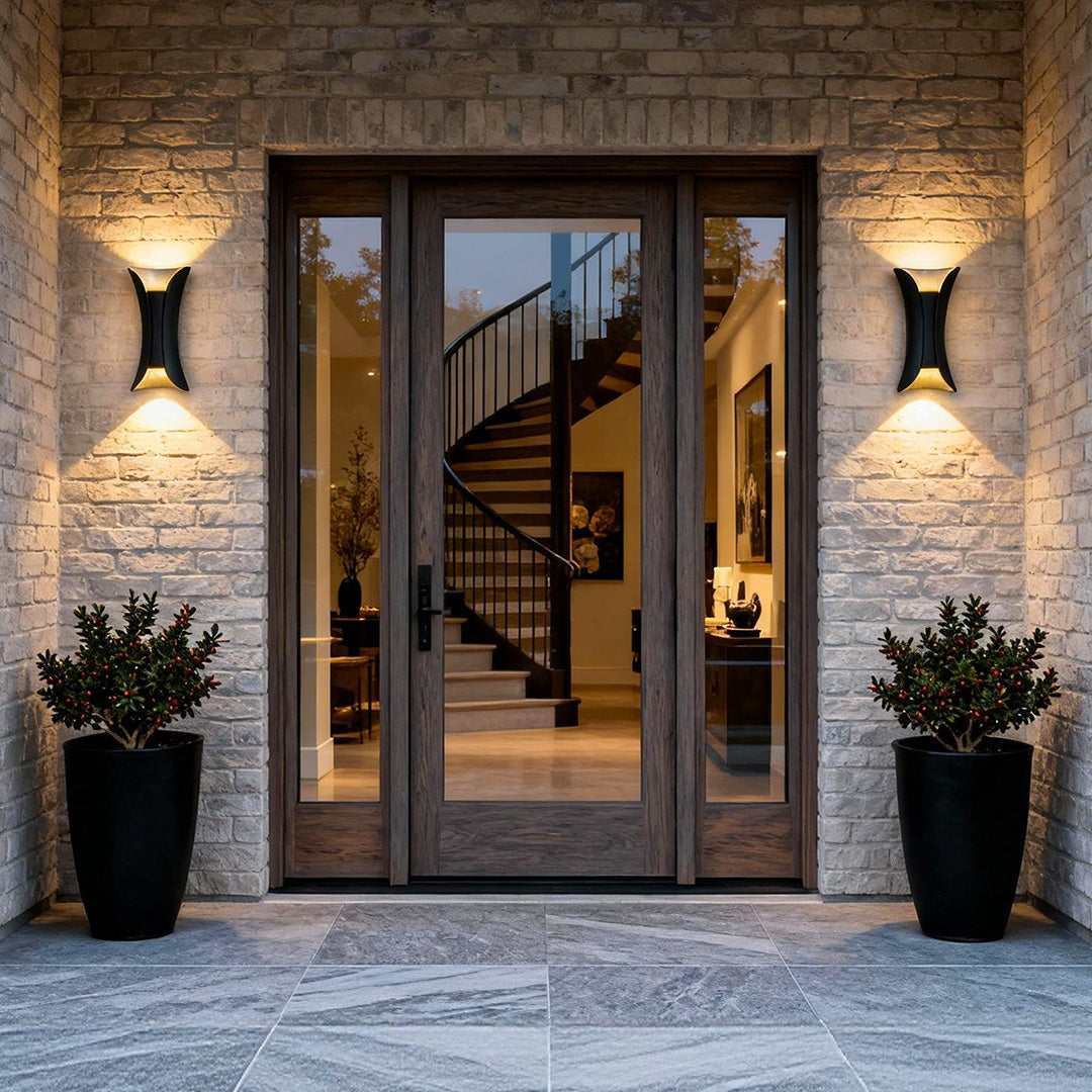 Águeda wall light with warm upward and downward illumination on porch entrance