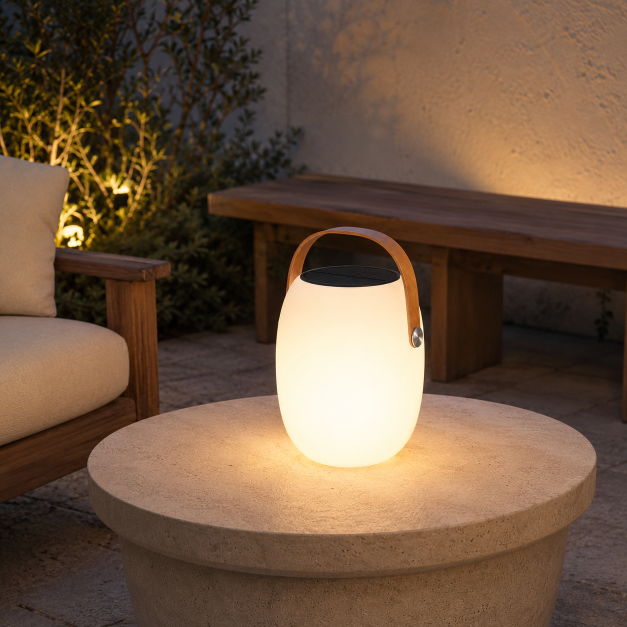 Aire portable outdoor lantern glowing warm on cream stone side table beside outdoor sofa at night