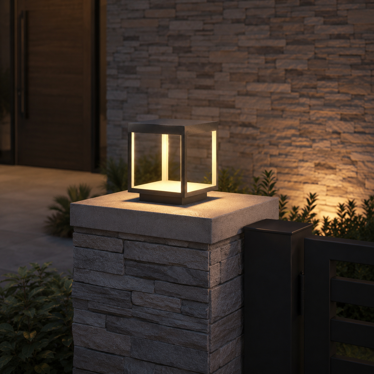 Alcabrichel square post light glowing on stone pillar at night beside stacked stone wall and gate