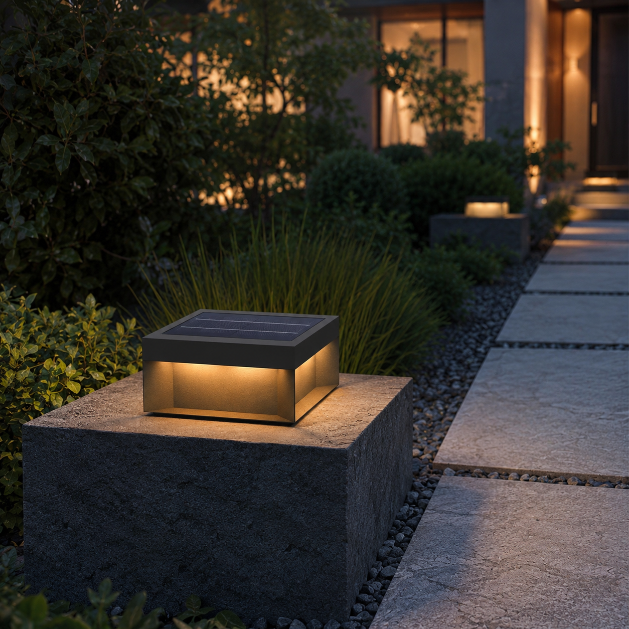 Alcacer solar box light on dark stone pillar beside gravel pathway with grass tufts at dusk