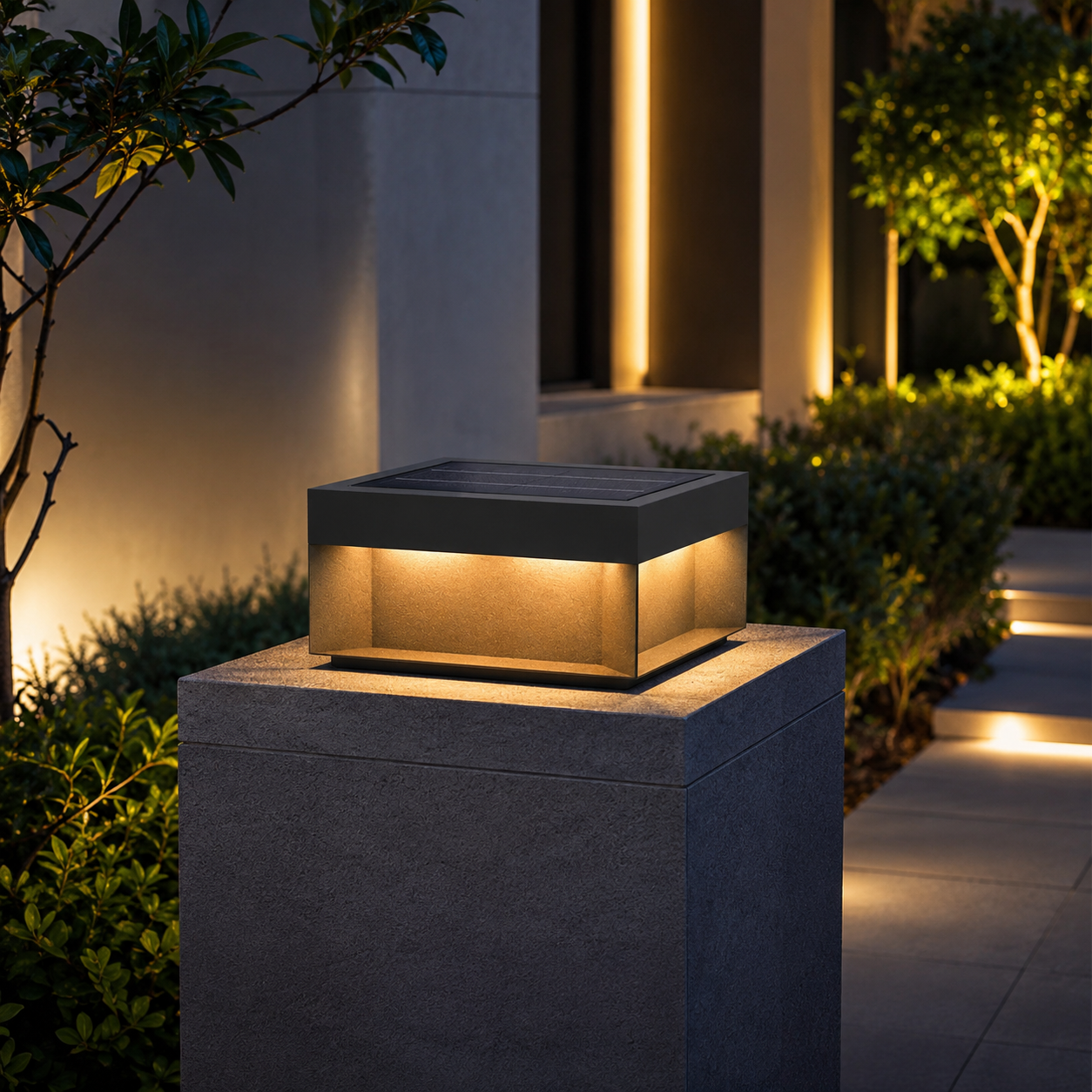 Alcacer solar box light glowing on stone pillar at dusk beside lit columns and pathway