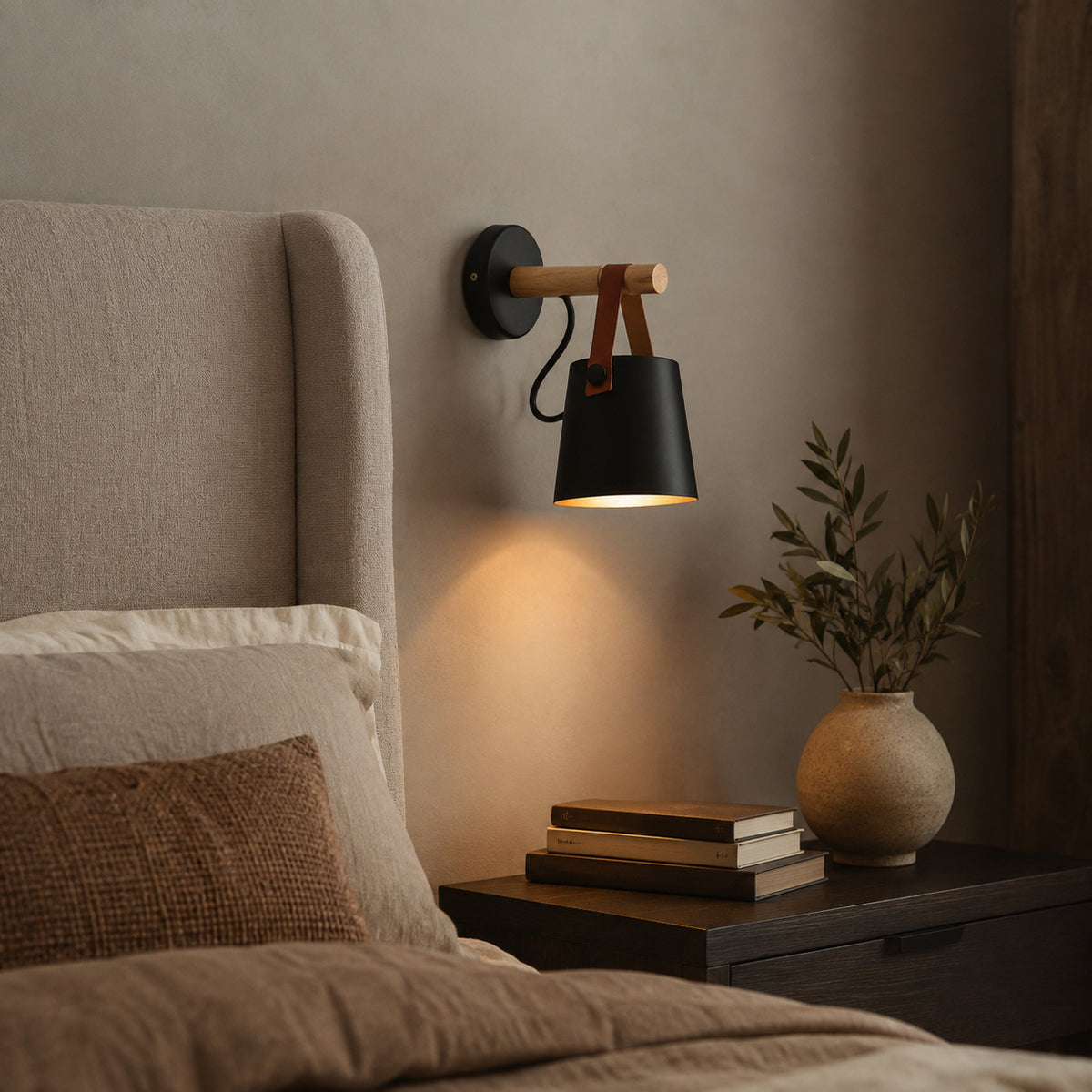 Alfusqueiro sconce in black mounted beside a bed, warm light over a nightstand