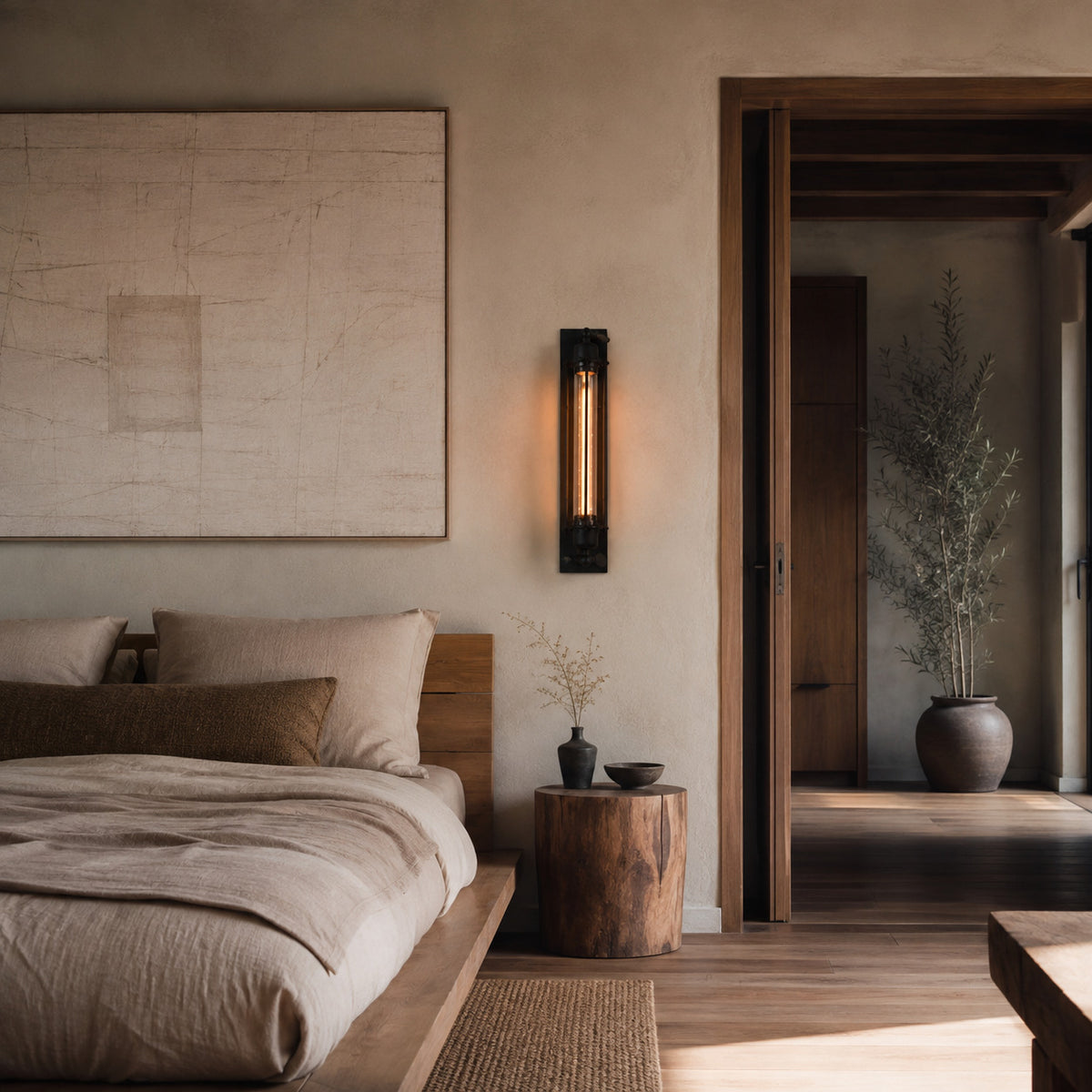 Almonda sconce beside a low platform bed in a Japandi bedroom