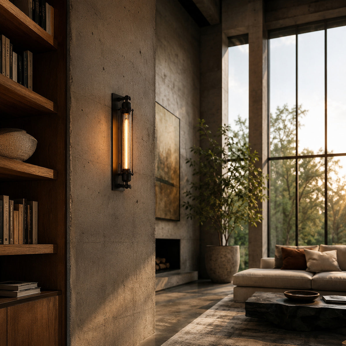 Almonda sconce on a concrete wall in a double-height living room