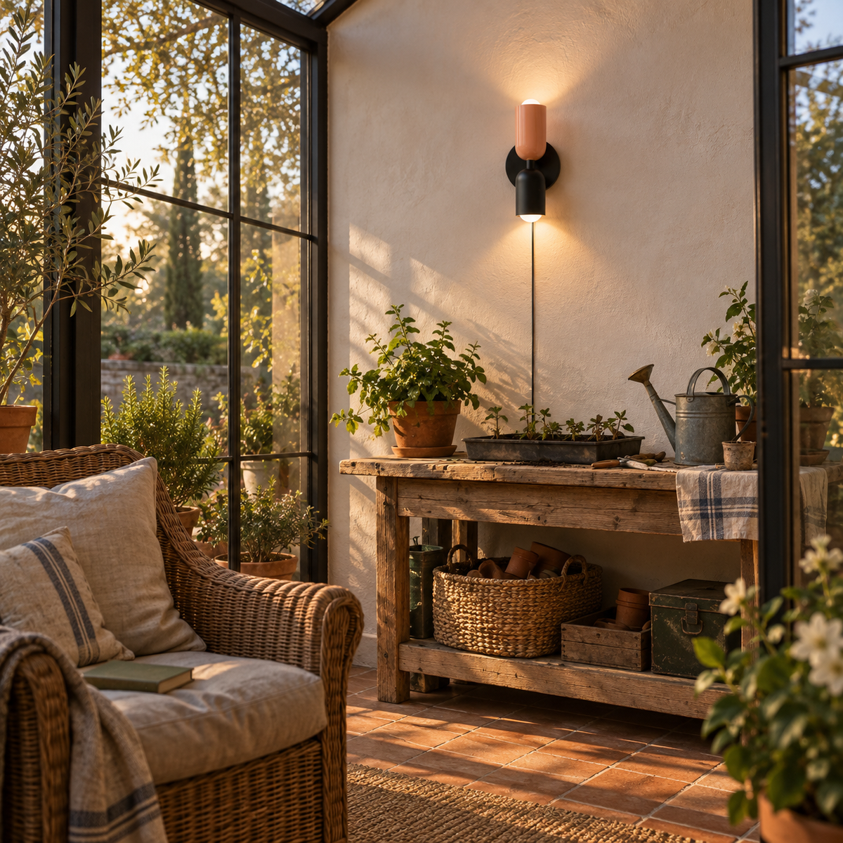 Alvor up-and-down plug-in wall sconce in pink, in a garden.