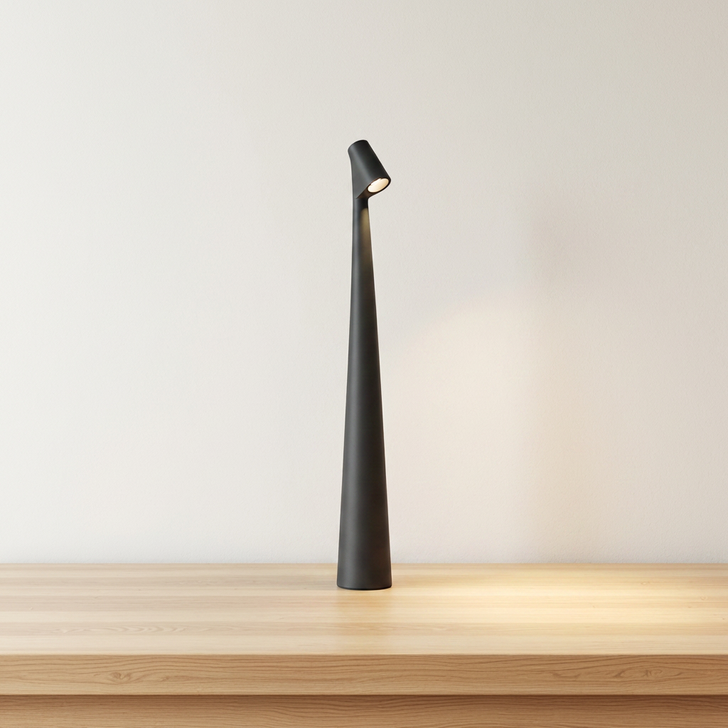 Cordless LED mood lamp with black ABS base and aluminum head, product shot.