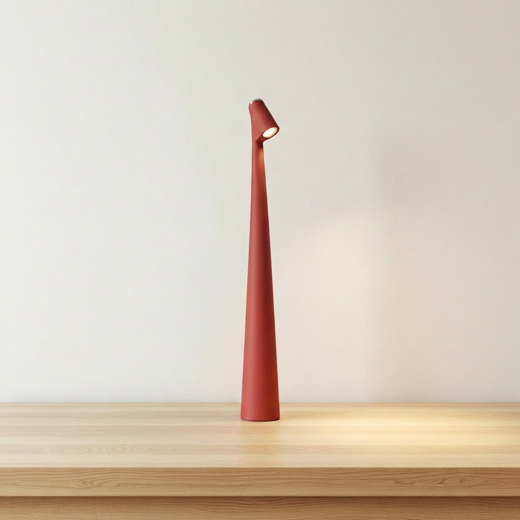 Cordless LED mood lamp with red ABS base and aluminum head, product shot.