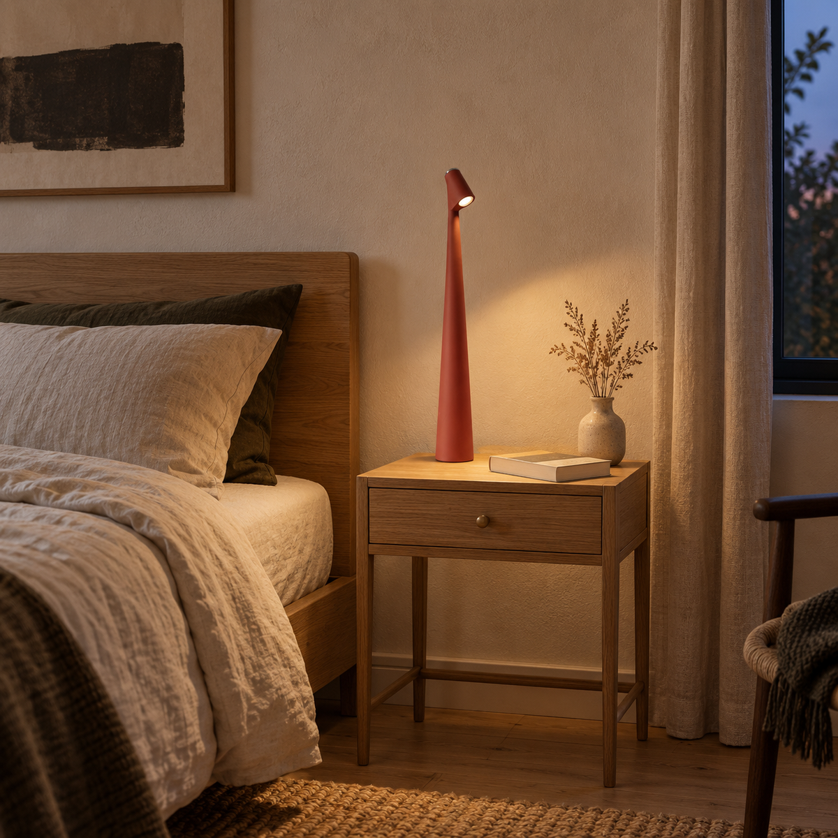 Amarante cordless LED mood lamp in red, in a bedroom.
