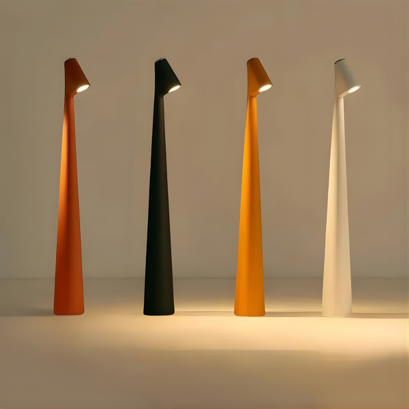 Cordless LED mood lamp with white ABS base and aluminum head, product shot.