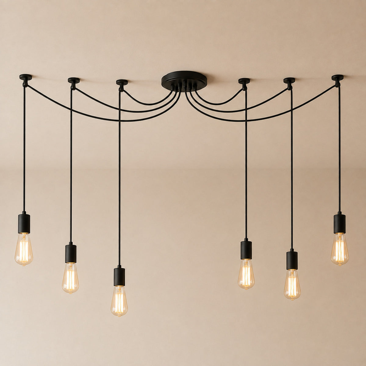 Anadia spider chandelier in matte black, 6 cable version, six bare Edison bulbs on one ceiling plate