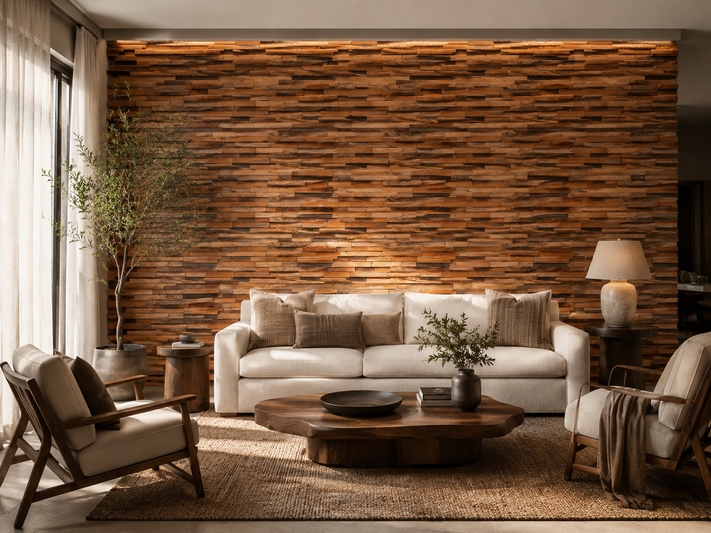 Âncora plank wood panel installed on a living room wall, stacked planks.