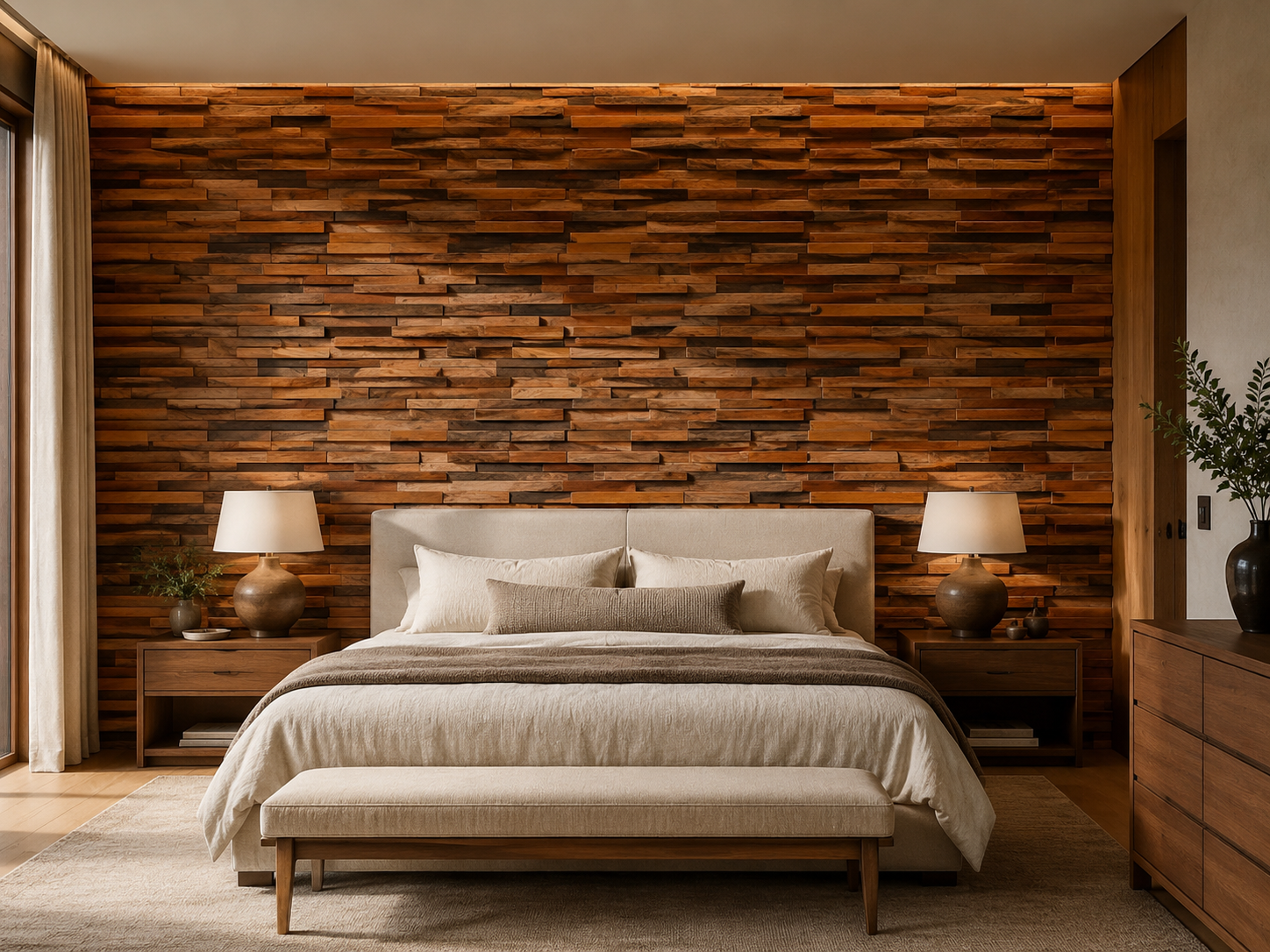 Âncora plank panel above a console, walnut grain catching light.