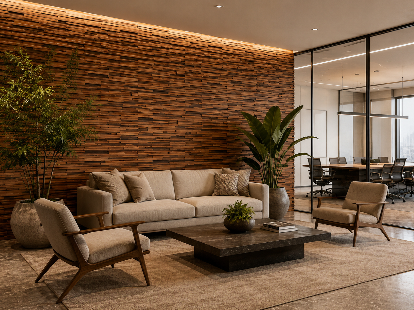 Âncora plank panel detail, walnut planks at varying depths.