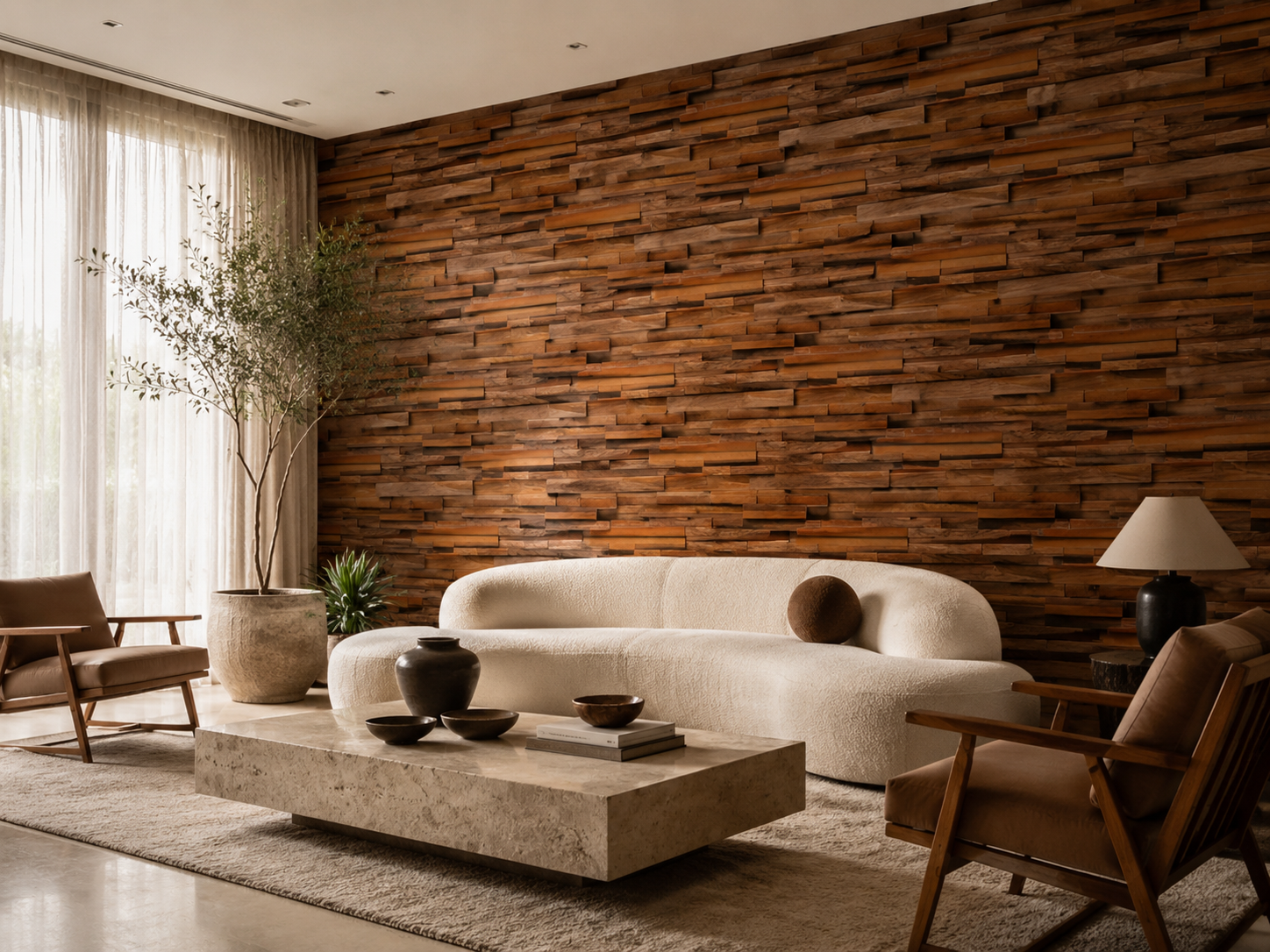 Âncora plank panel in a bedroom, cherry wood behind seating.