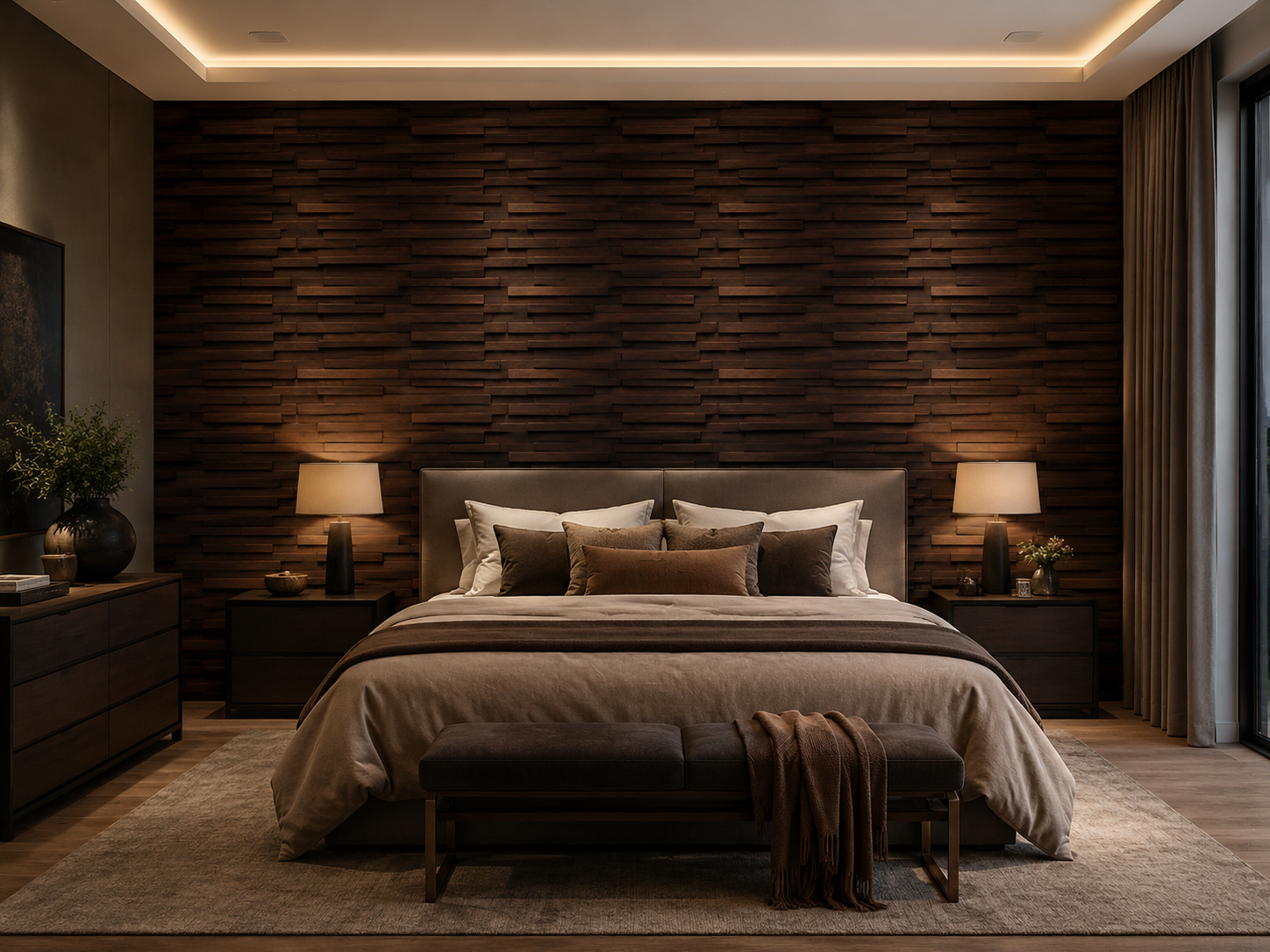 Âncora plank panel on a feature wall, sculptural plank arrangement.
