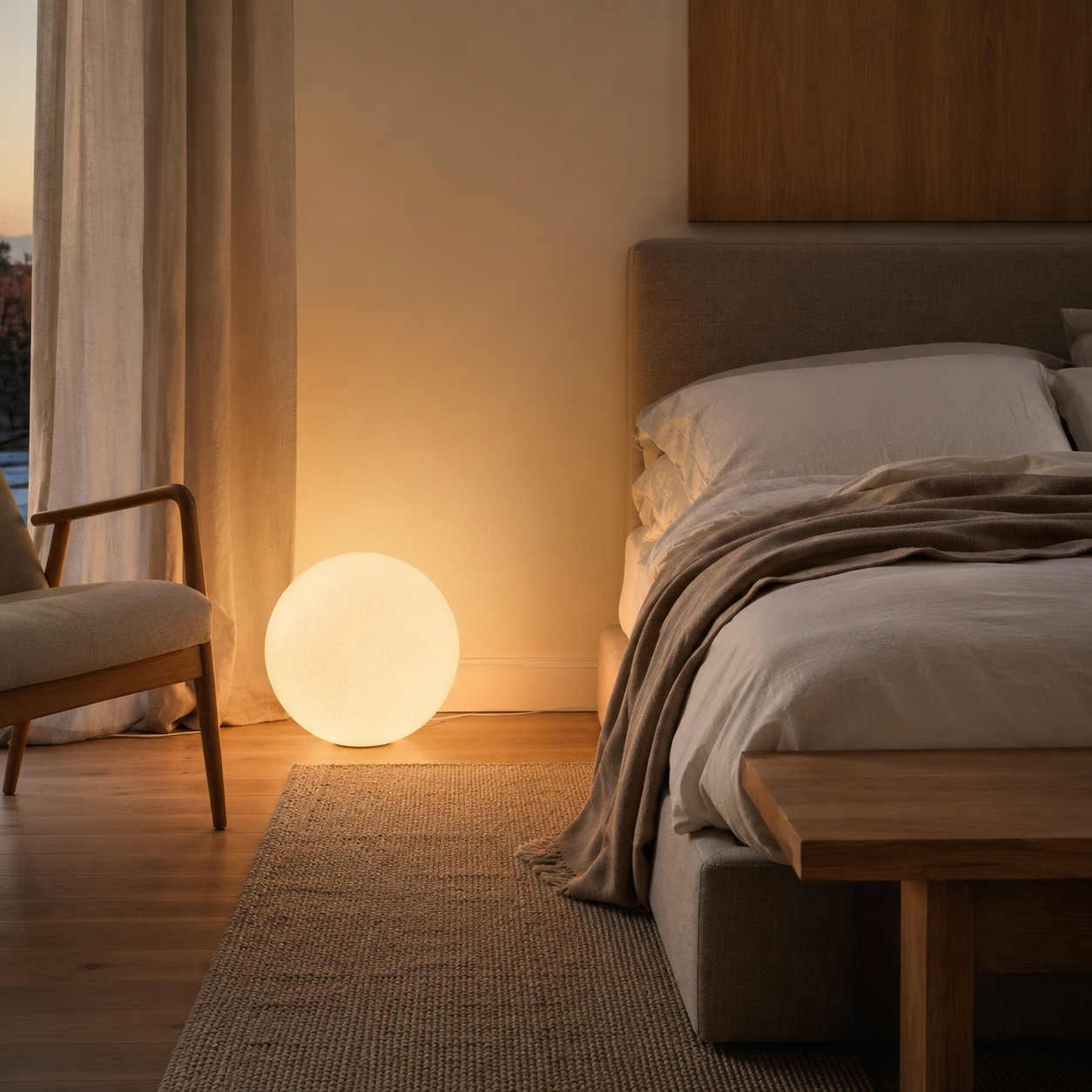 Angra resin globe floor lamp glowing in bedroom beside upholstered bed at dusk