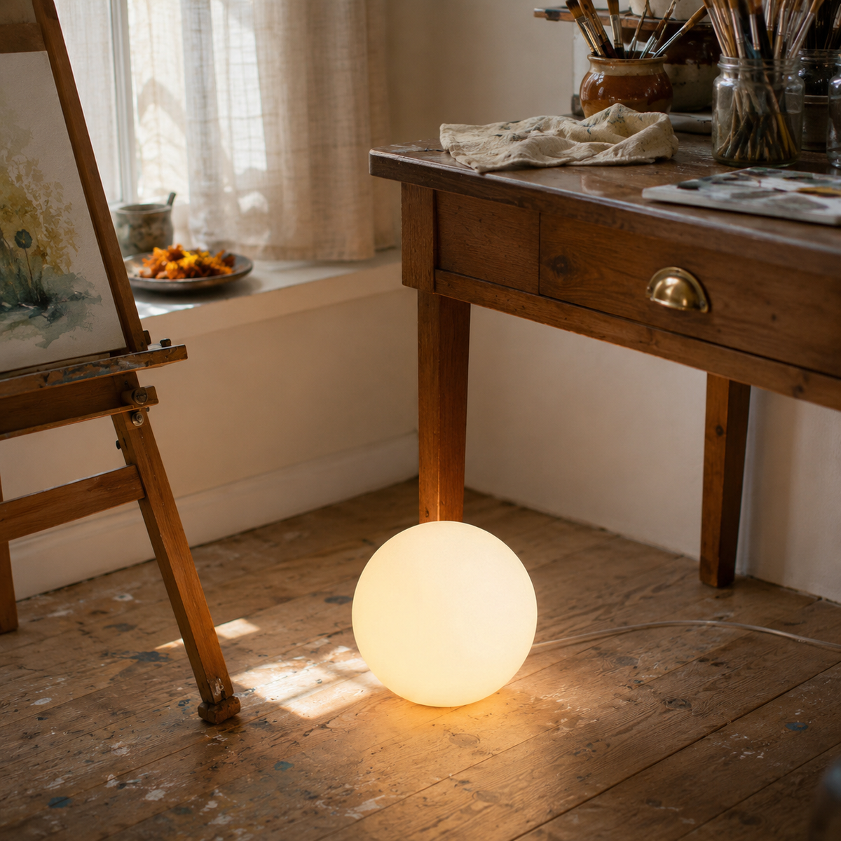 Angra glowing globe floor lamp, cool light, beside a desk.