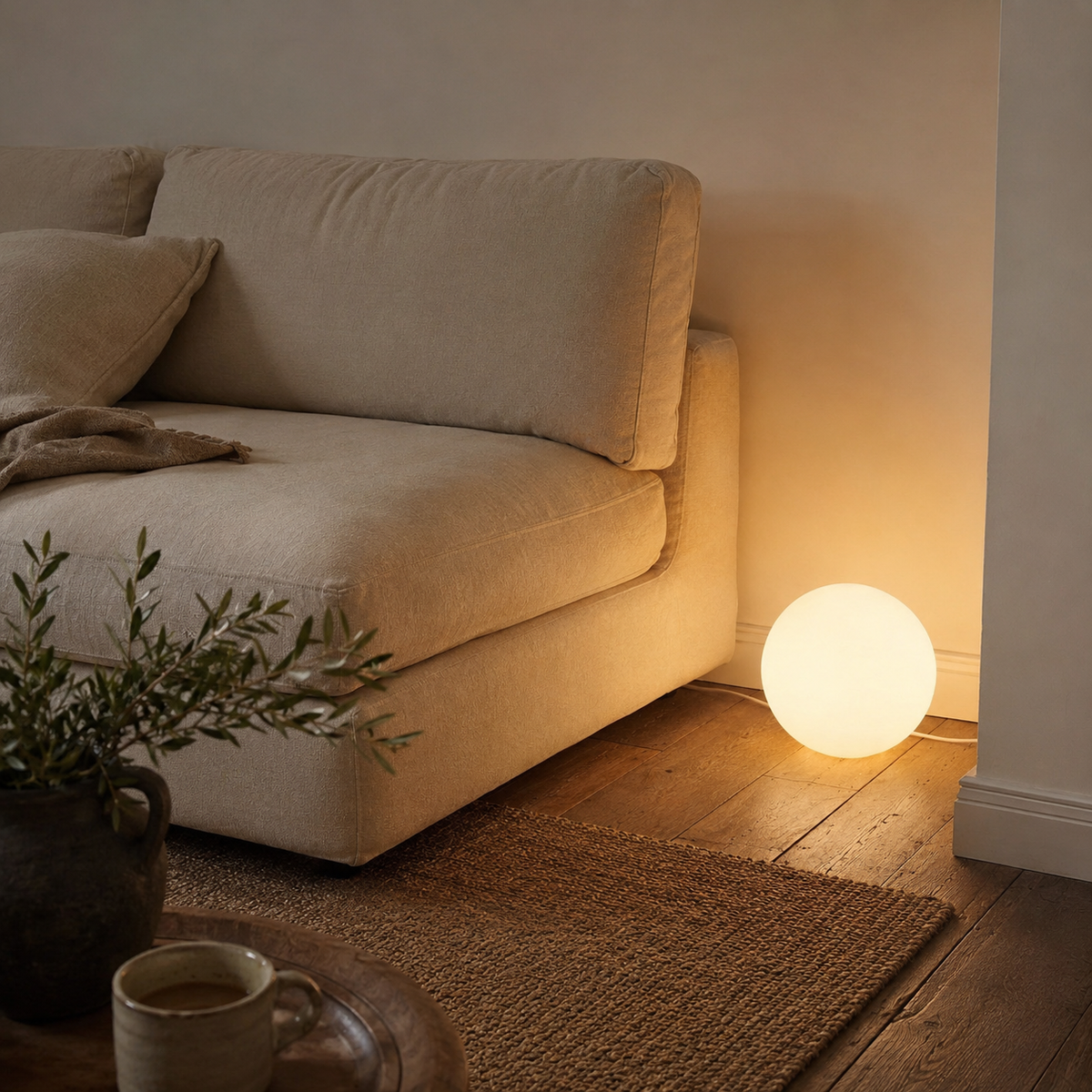 Angra glowing globe floor lamp, cool light, beside a sofa.