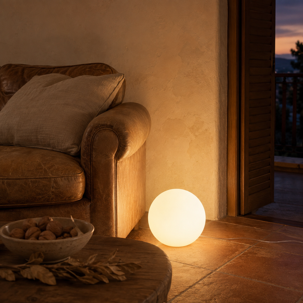 Angra glowing globe floor lamp, beside a sofa.
