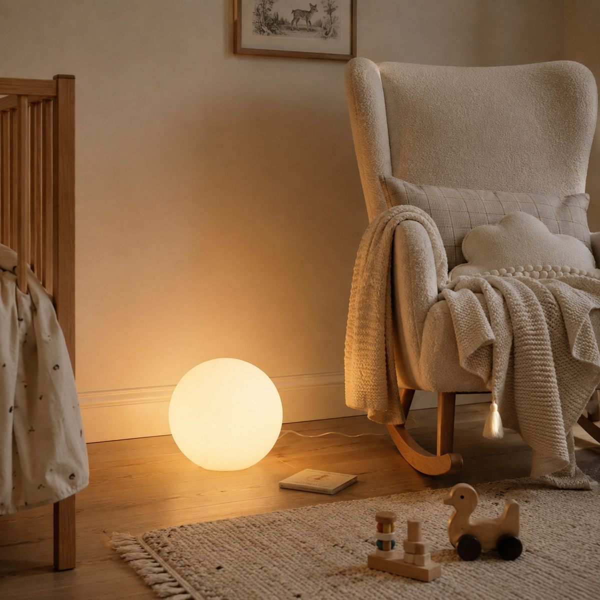 Angra glowing globe floor lamp, in a nursery.