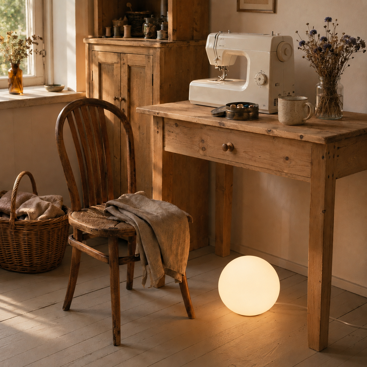 Angra glowing globe floor lamp, warm light, beside a desk.