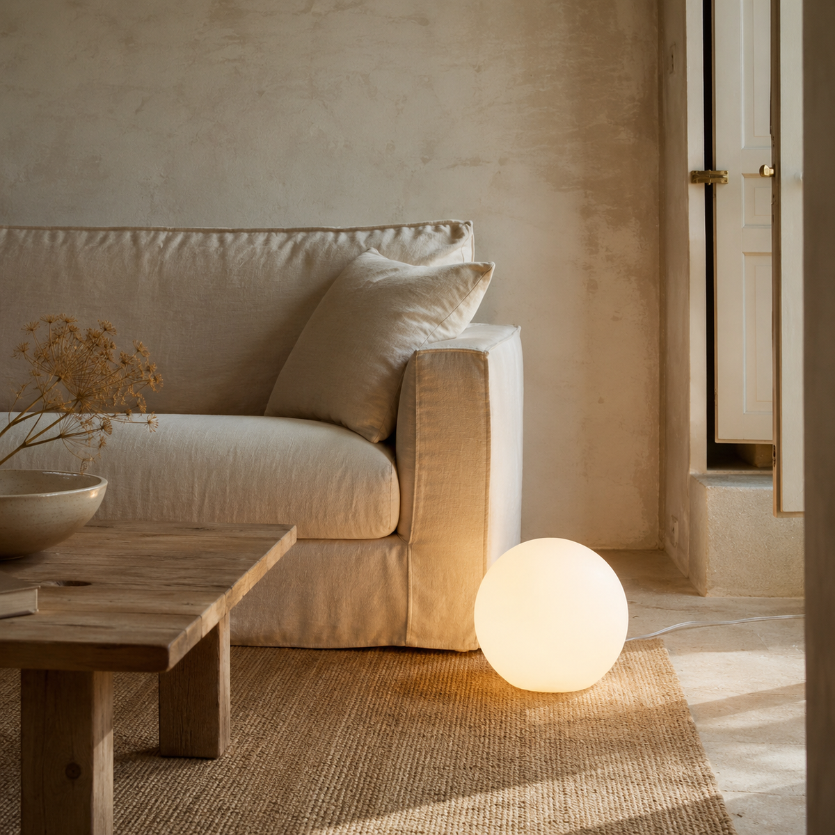Angra glowing globe floor lamp, warm light, in a living room.