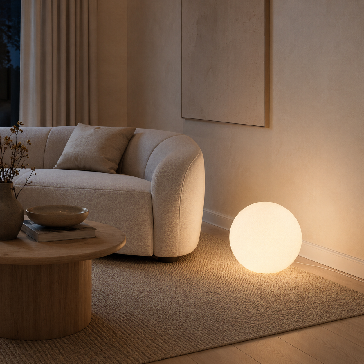 Angra resin globe floor lamp lit in living room with curved cream sofa