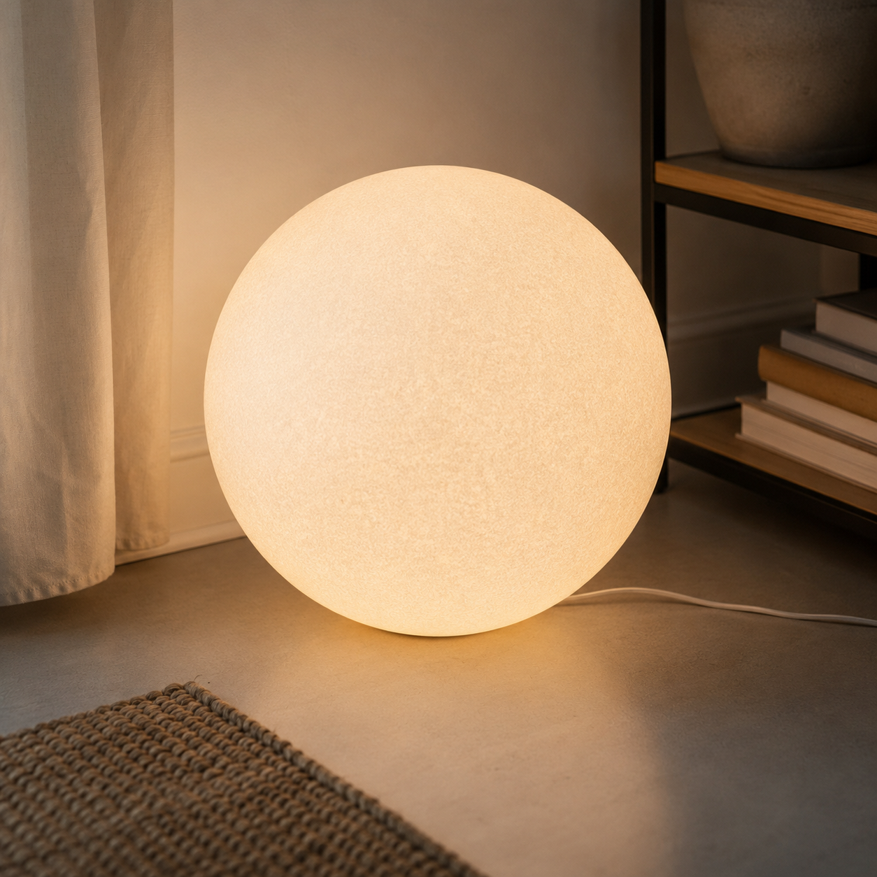 Angra resin globe floor lamp close view showing textured surface beside open shelving