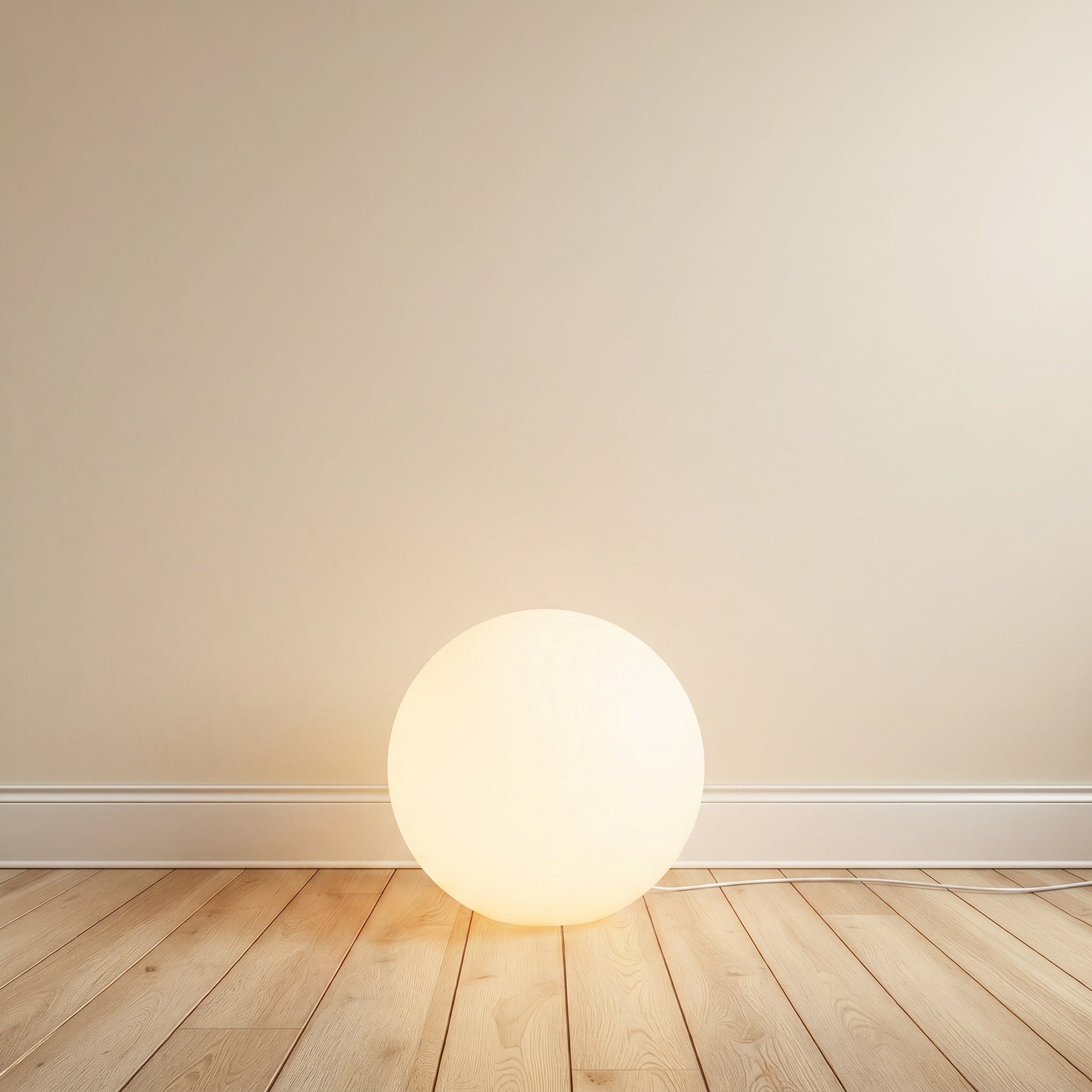 Angra resin globe floor lamp glowing warm on oak floor against cream wall