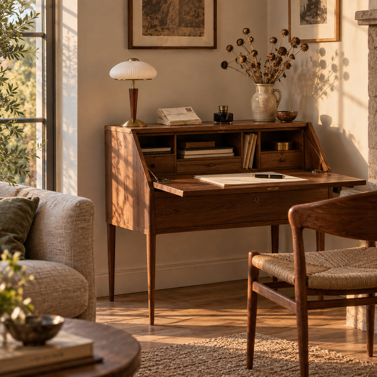 Arda fluted dome table lamp, walnut color & gold & white finishes, in a living room.