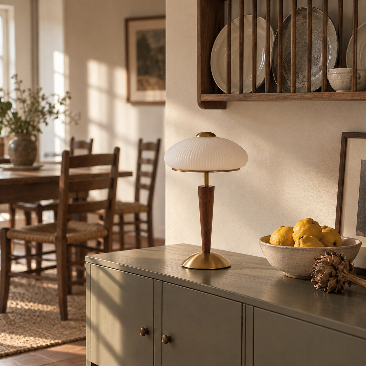 Arda fluted dome table lamp, walnut color & gold & white finishes, in a dining room.