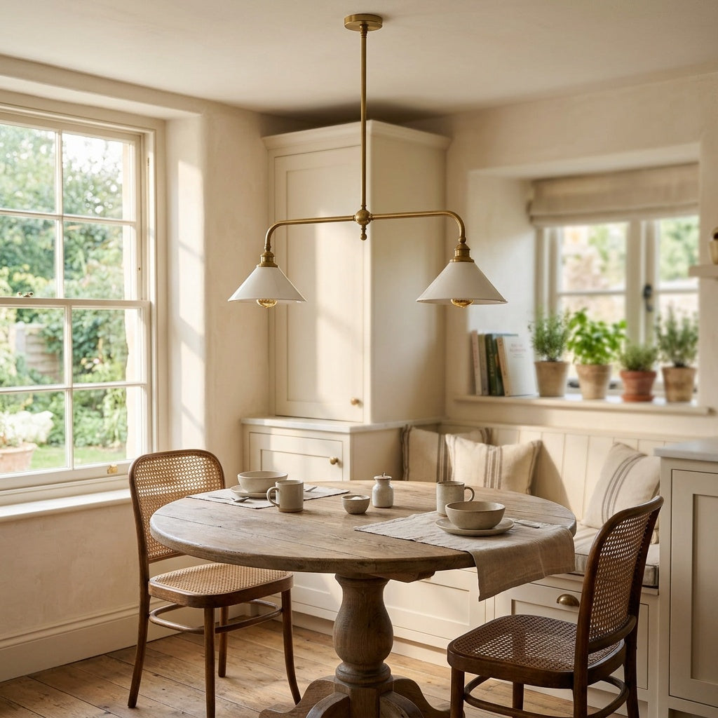 Ardila linear pendant with an aged brass bar and two white ceramic shades, over a breakfast table