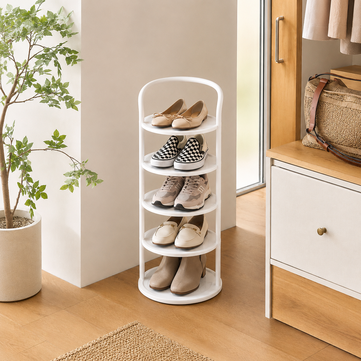 White 5-tier Arribada shoe storage rack in entryway with potted plant and woven rug