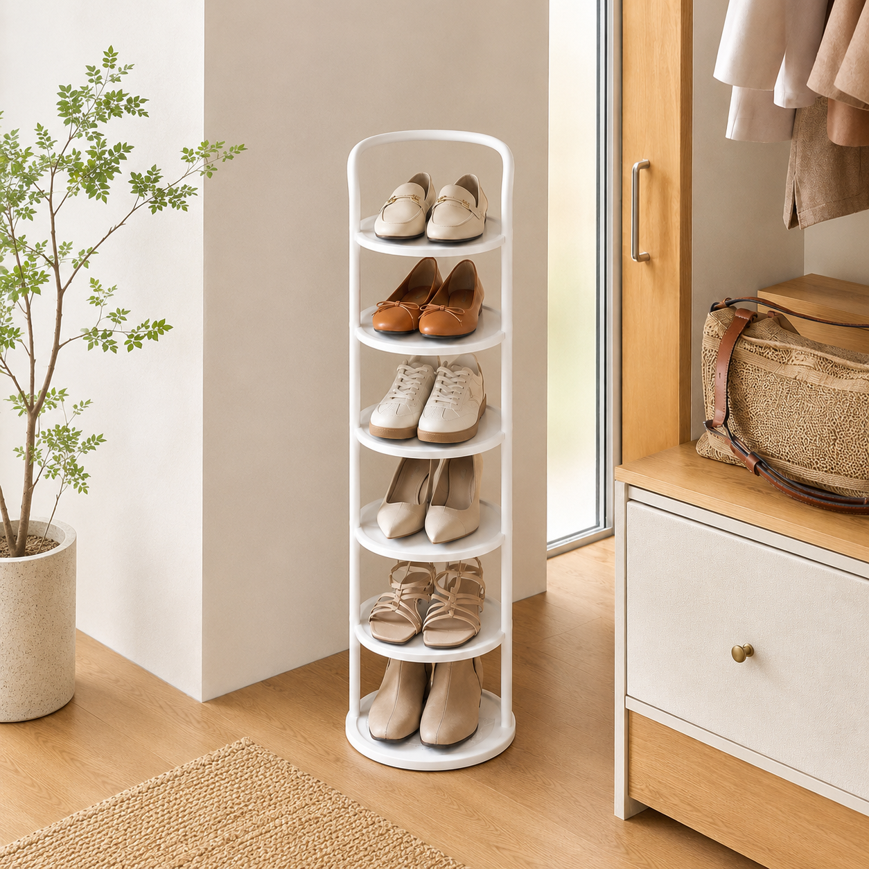 White 6-tier Arribada shoe storage rack in entryway beside wardrobe and window