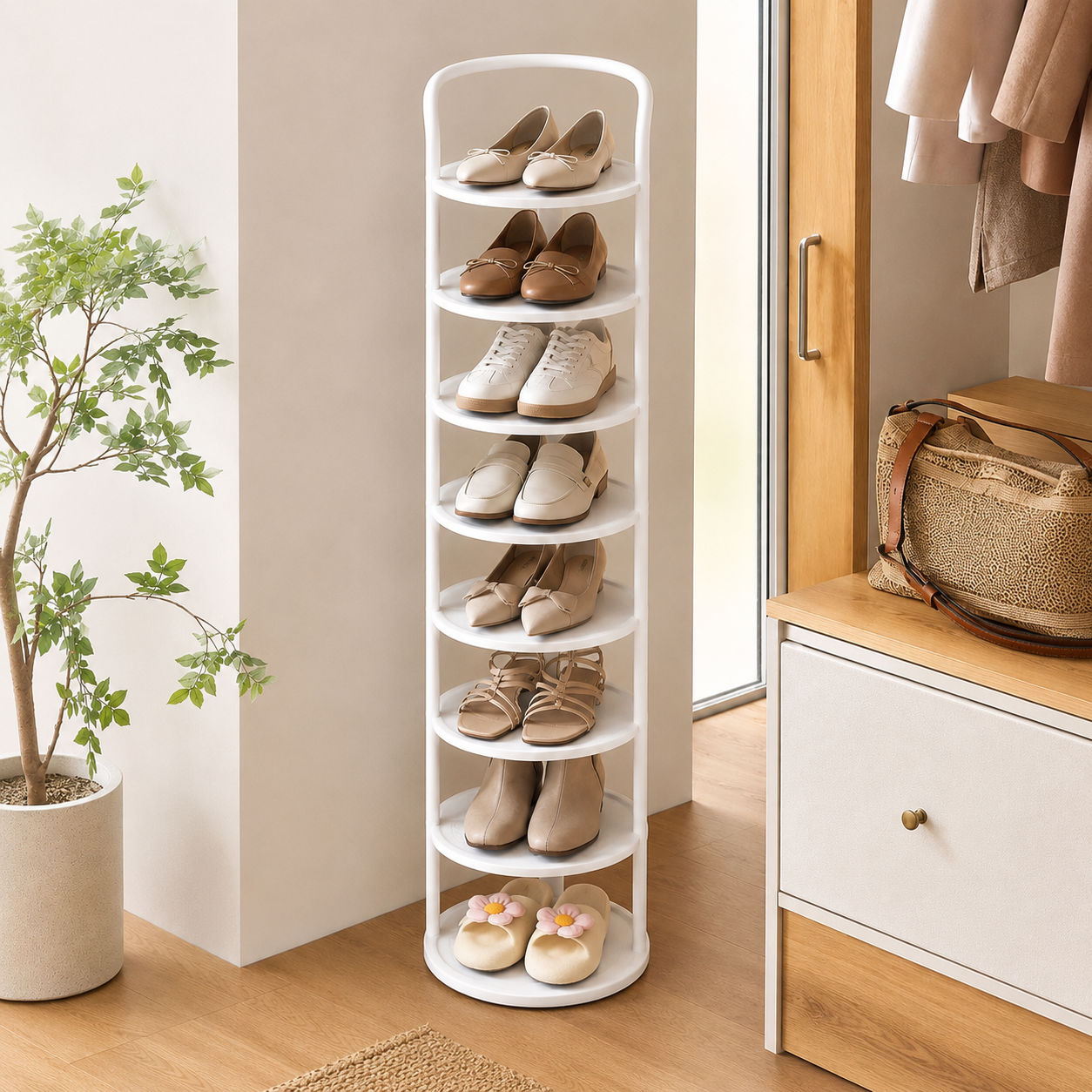 White 7-tier Arribada shoe storage rack in entryway with wardrobe and woven rug