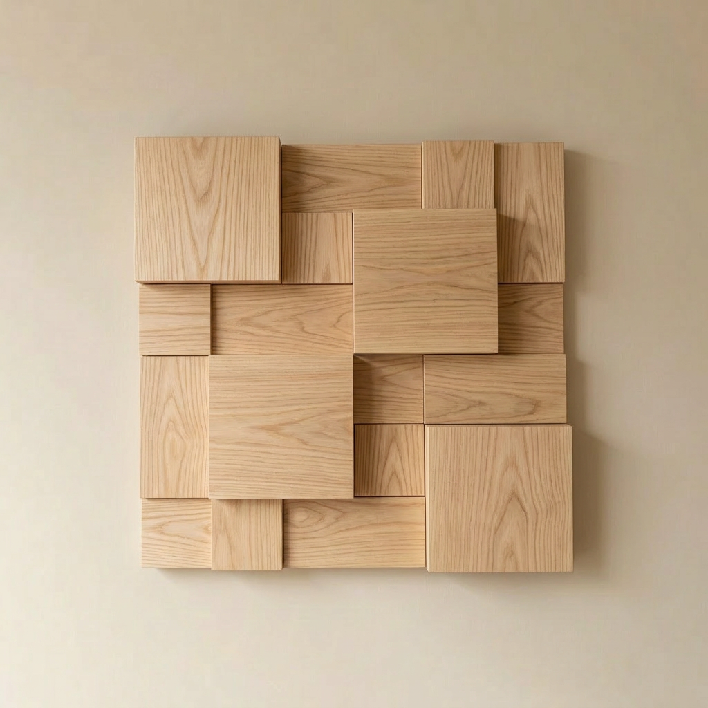 Atalaia wood mosaic wall panel in light natural wood, varying-depth blocks.