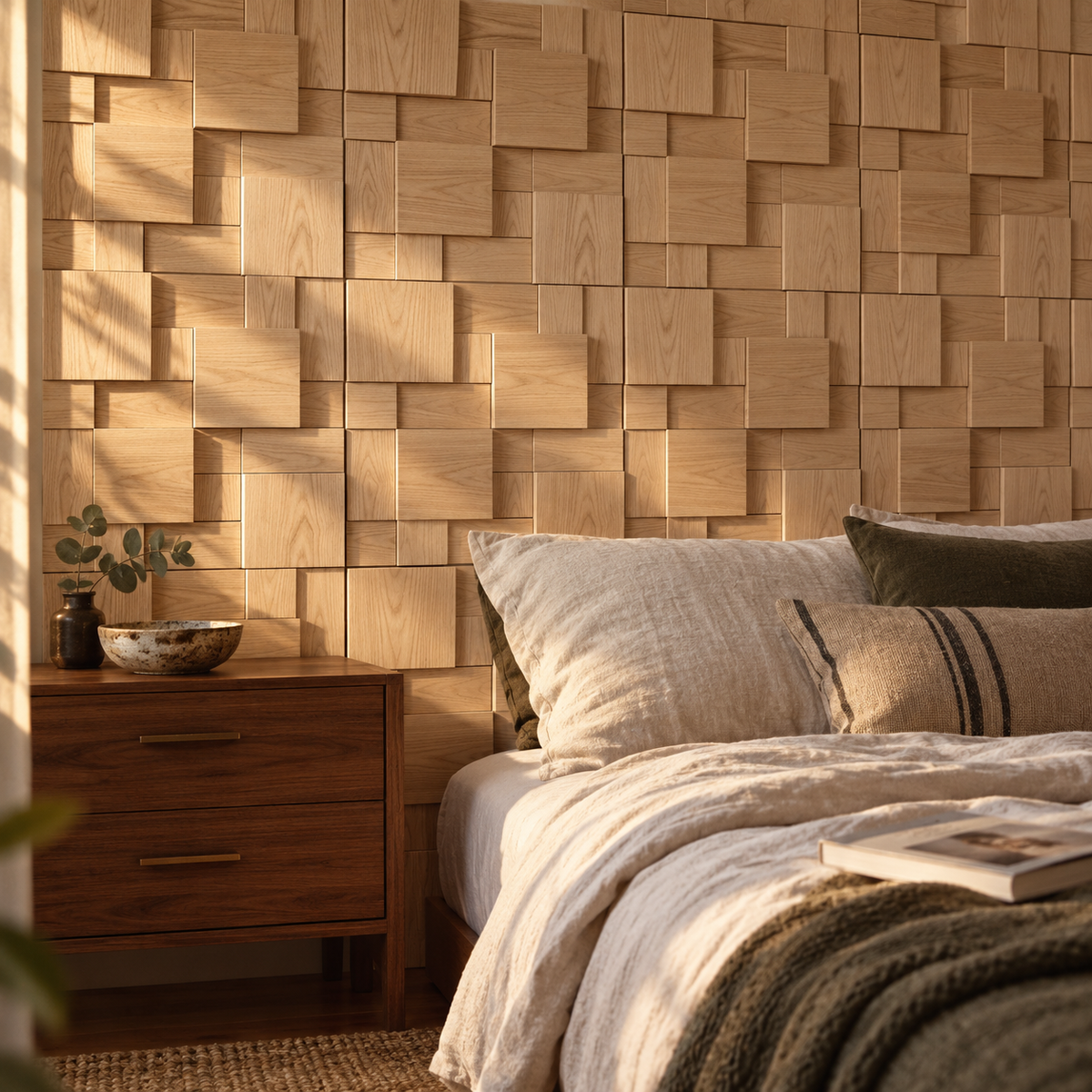Atalaia wood mosaic wall panel, in a bedroom.