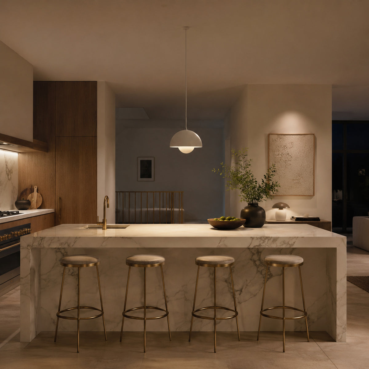Ave hemisphere pendant in beige gray on a matching fabric cord, 16 cm tall, shown in a room