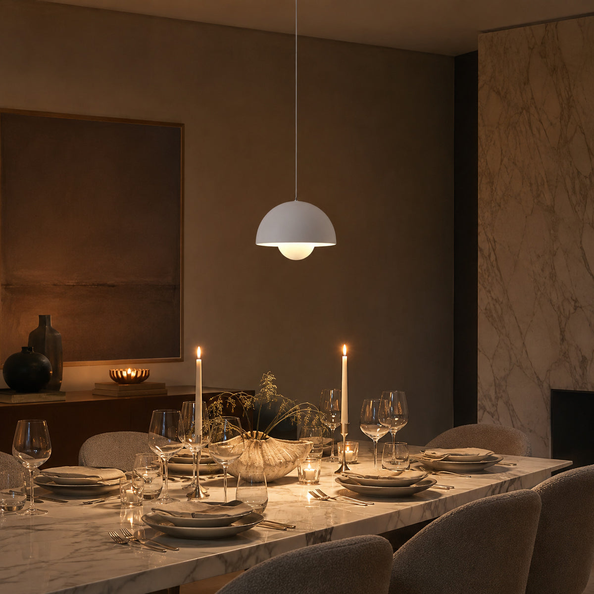 Ave hemisphere pendant in matte white on a matching fabric cord, 16 cm tall, shown in a room