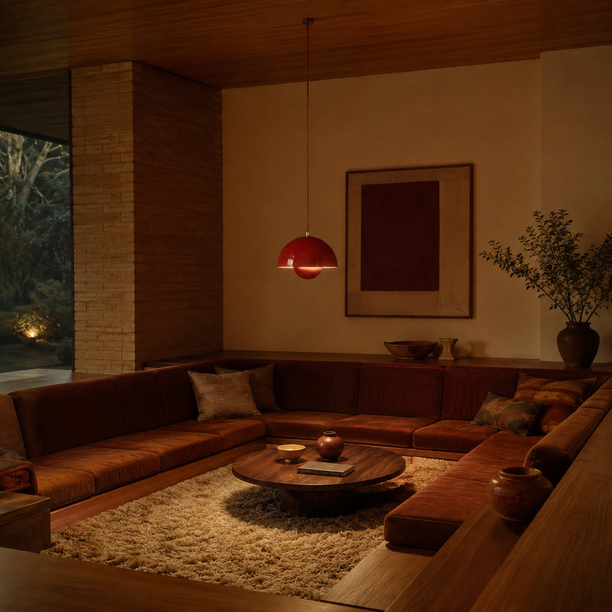 Ave hemisphere pendant in red on a matching fabric cord, 16 cm tall, shown in a room