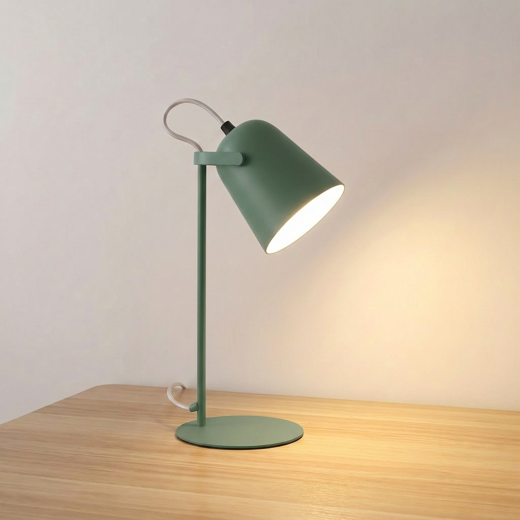 Iron bucket table lamp in macaron green with tilting shade head, product shot.