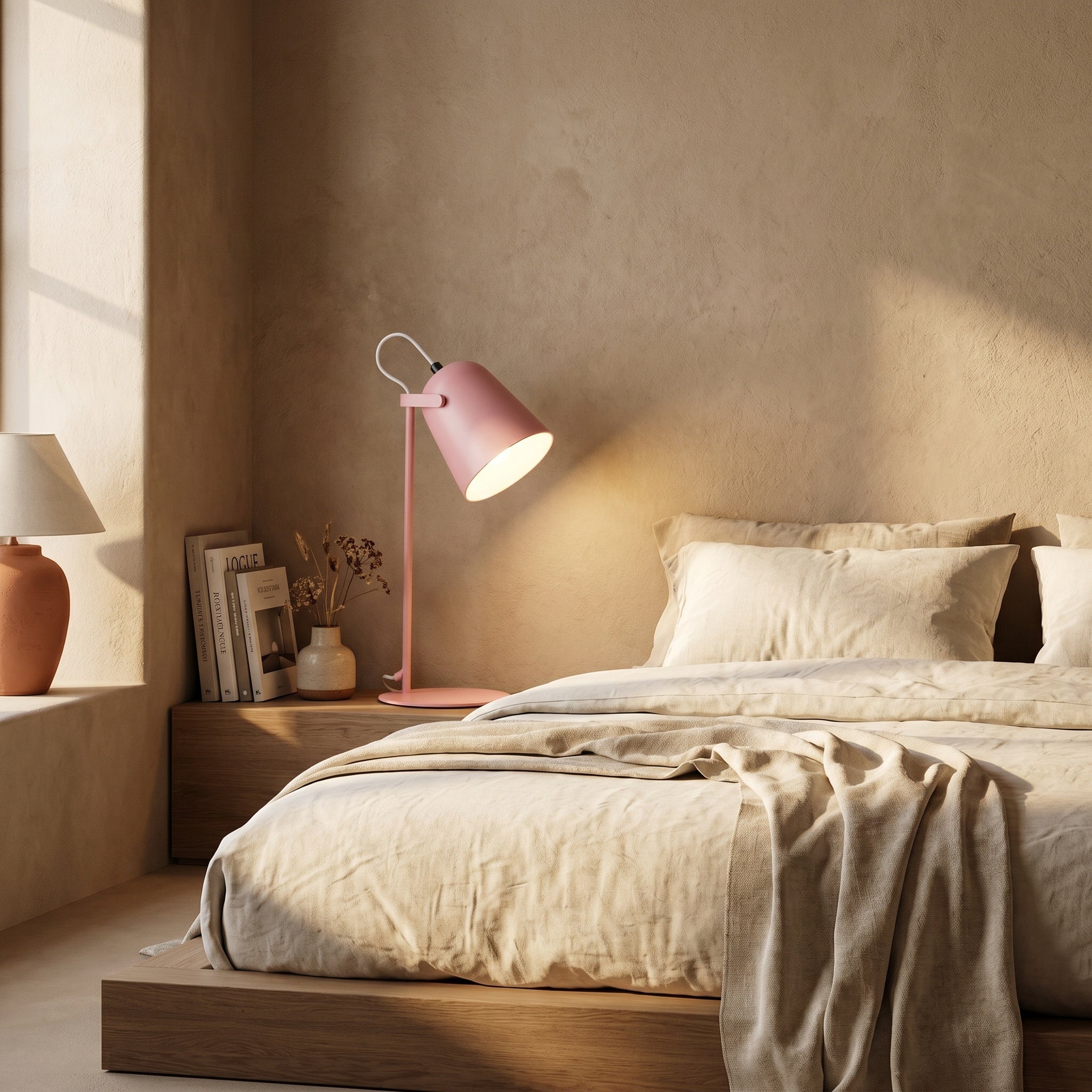 Iron bucket table lamp on a bookshelf in a colorful interior.