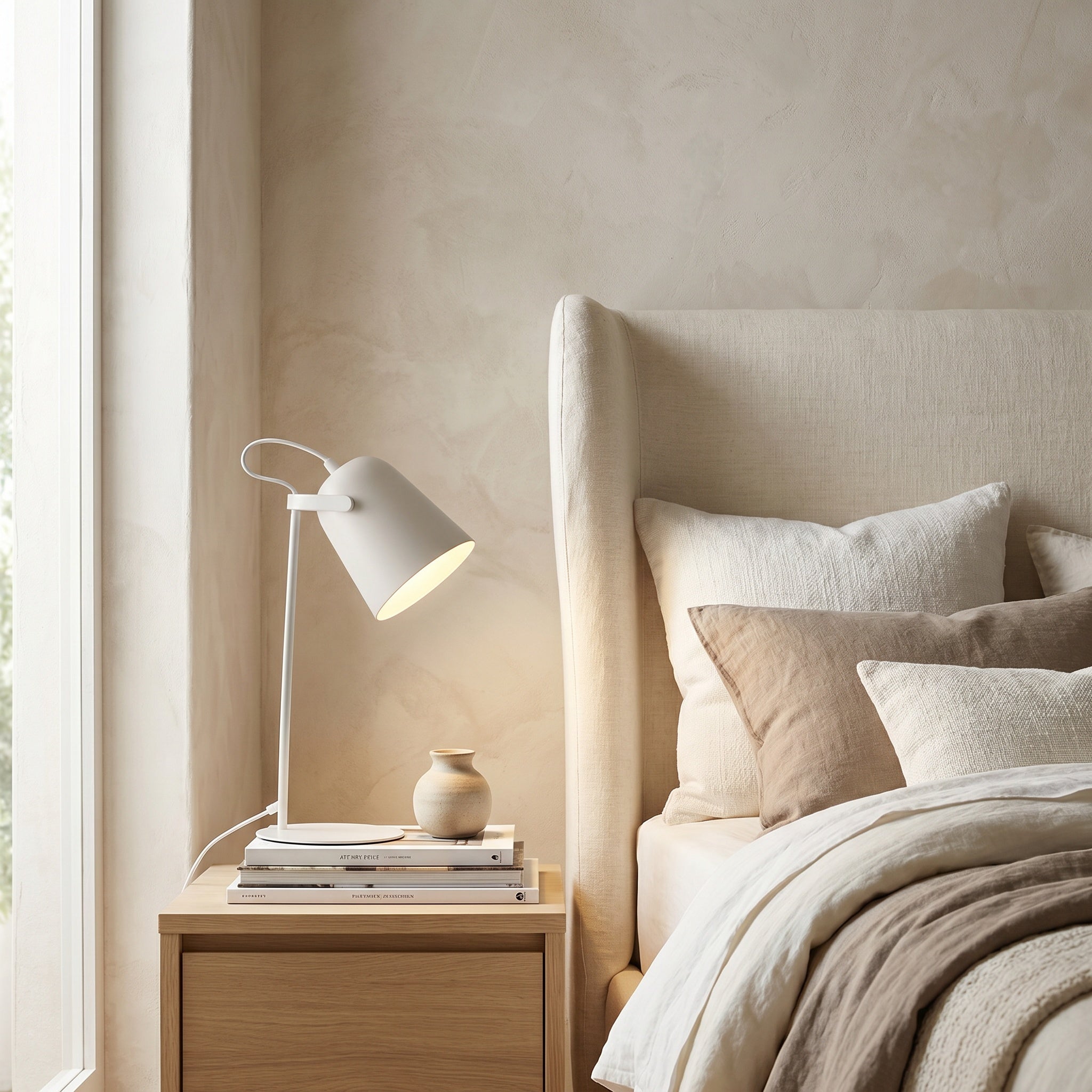 Iron bucket table lamp lit beside a sofa at dusk.